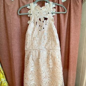 Cream colored floral-knit mini dress w/ open back